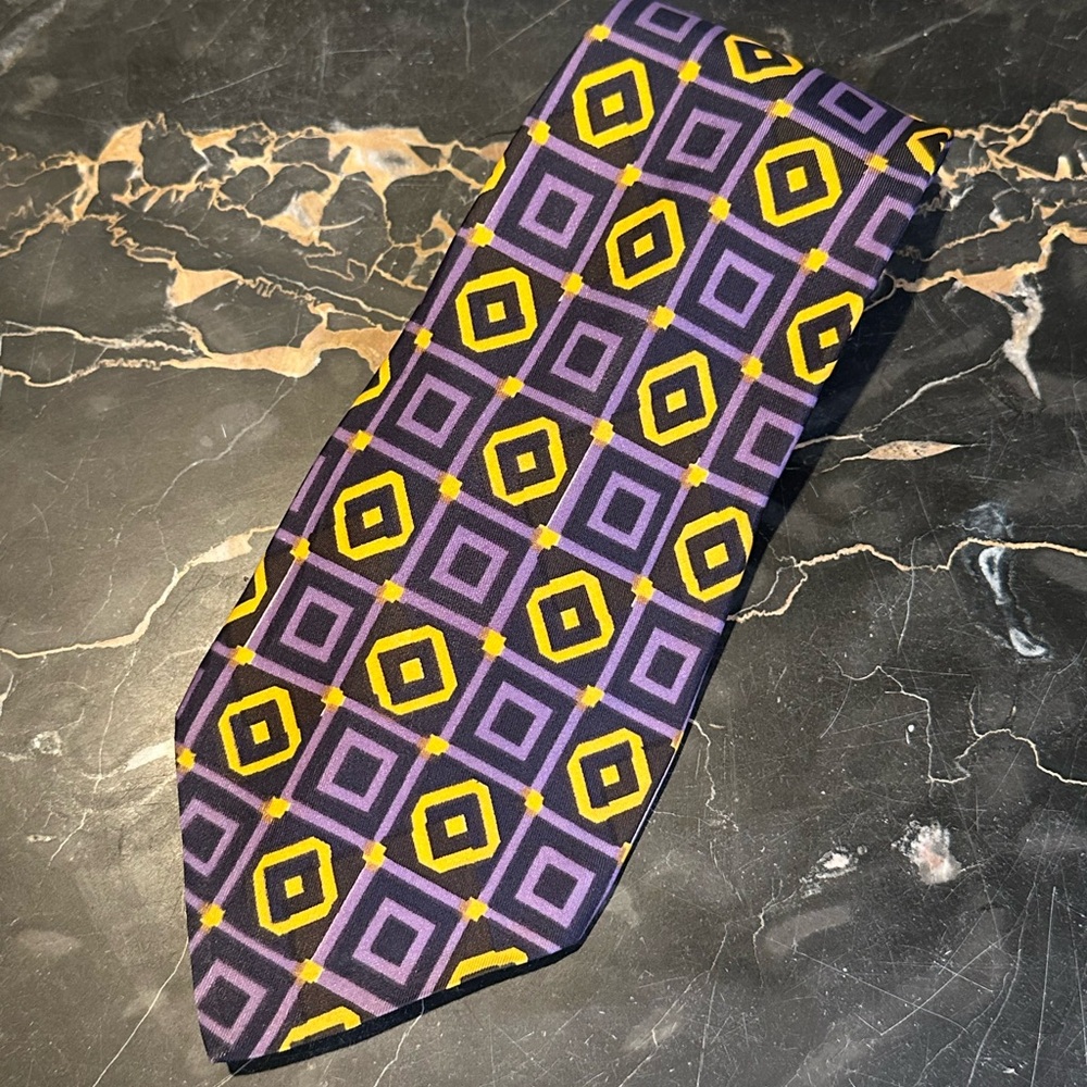 Vintage Silk Geometric Tie Purple Yellow and Black